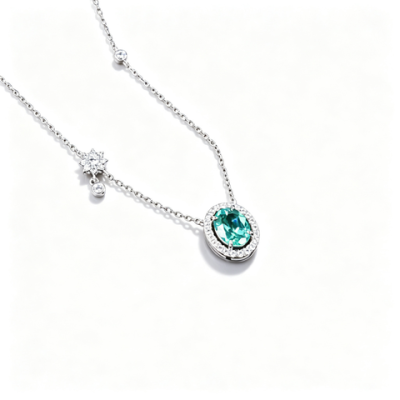 925 Sterling Silver Lab-Created Paraiba-Color Green Garnet Necklace | Oval-Cut Halo Pendant with Chain Accent