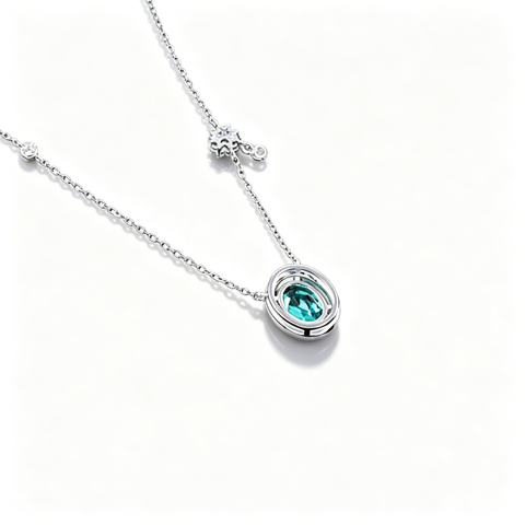 925 Sterling Silver Lab-Created Paraiba-Color Green Garnet Necklace | Oval-Cut Halo Pendant with Chain Accent