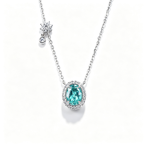 925 Sterling Silver Lab-Created Paraiba-Color Green Garnet Necklace | Oval-Cut Halo Pendant with Chain Accent