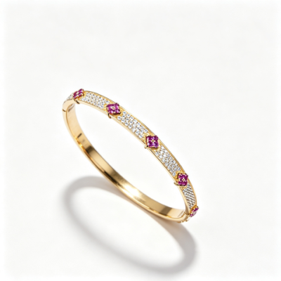 925 Sterling Silver Lab-Created Ruby Bangle | Yellow Gold Tone with Red Square Accents
