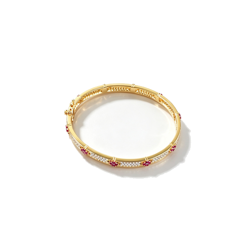 925 Sterling Silver Lab-Created Ruby Bangle | Yellow Gold Tone with Red Square Accents