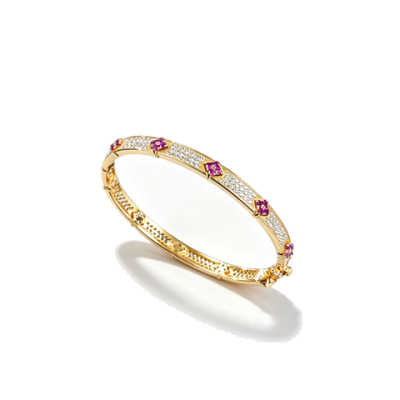 925 Sterling Silver Lab-Created Ruby Bangle | Yellow Gold Tone with Red Square Accents