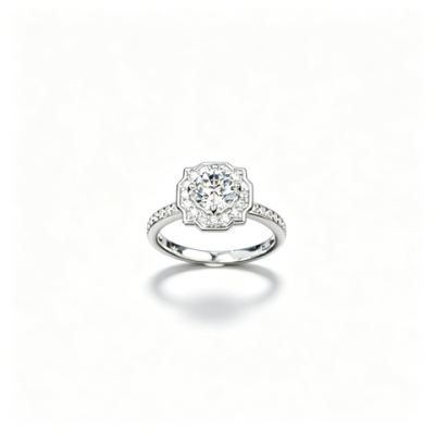925 Sterling Silver Lab-Grown Diamond Ring | Round Floral Halo Pavé Design
