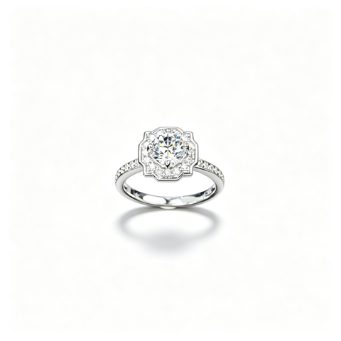 925 Sterling Silver Lab-Grown Diamond Ring | Round Floral Halo Pavé Design