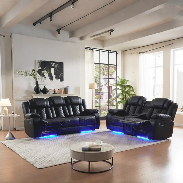 Black Leather Recliner Sofa Set With Lighting  For Living Room