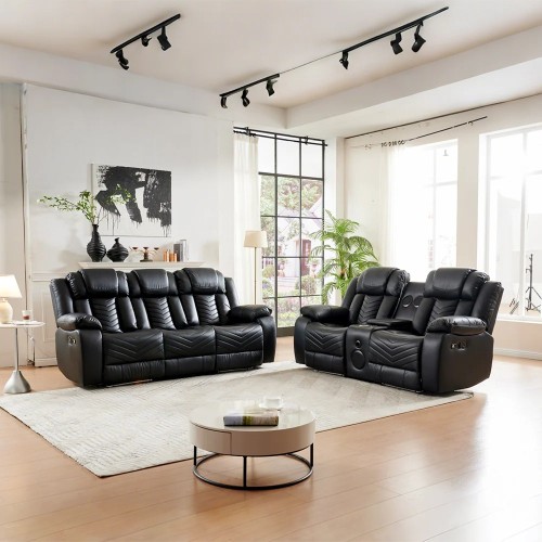Black Leather Recliner Sofa Set With Lighting  For Living Room