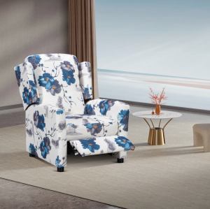 A push back reclining  in a soft, comfortable floral fabric.
