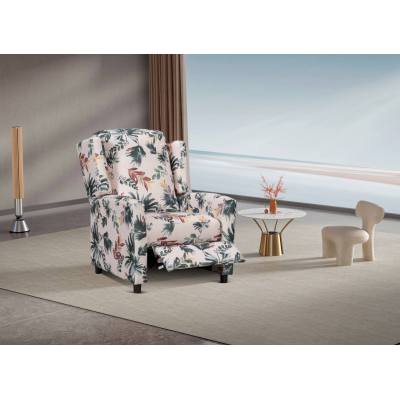 A push back reclining  in a soft, comfortable floral fabric.