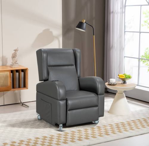 Push-back reclining wheelchair with four swivel locks.