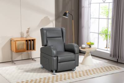 Push-back reclining wheelchair with four swivel locks.