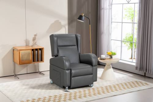 Push-back reclining wheelchair with four swivel locks.