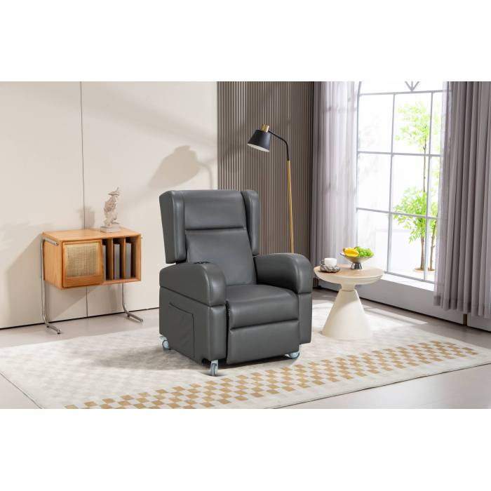 Push-back reclining wheelchair with four swivel locks.