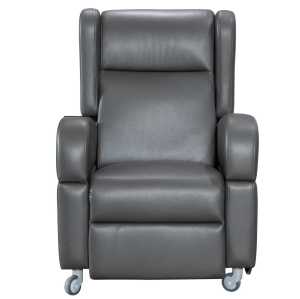Push-back reclining wheelchair with four swivel locks.