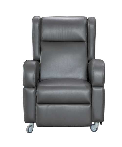 Push-back reclining wheelchair with four swivel locks.
