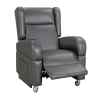 Push-back reclining wheelchair with four swivel locks.