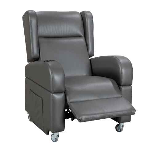 Push-back reclining wheelchair with four swivel locks.