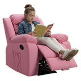 Young girl sitting in a kid recliner reading a picture book with the footrest raised
