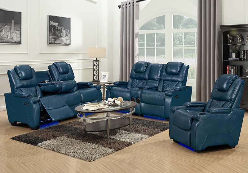 Blue leather power reclining sofa range as three-seater, loveseat and single recliner