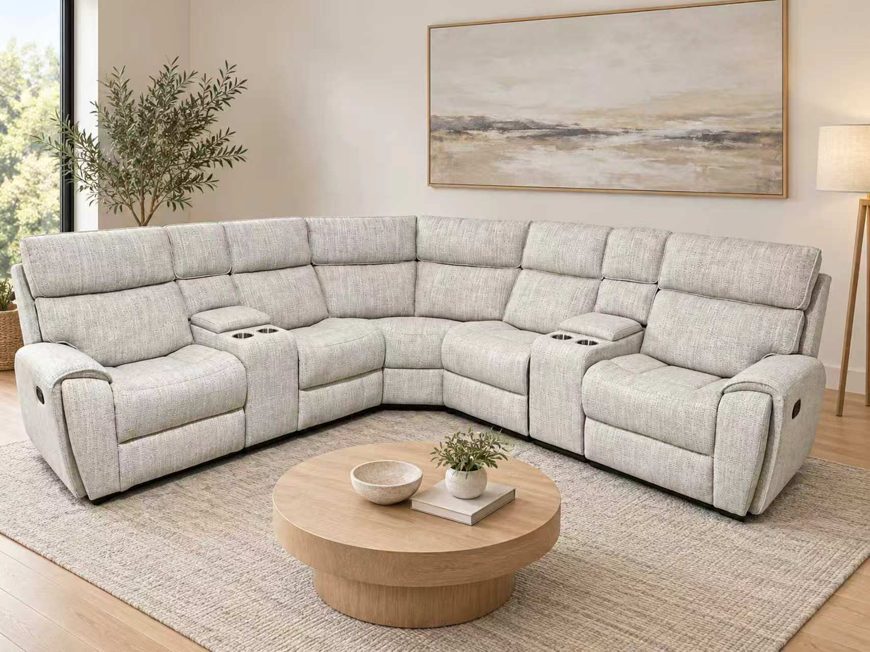 8420 U-shaped modular recliner sofa set in fabric with twin consoles