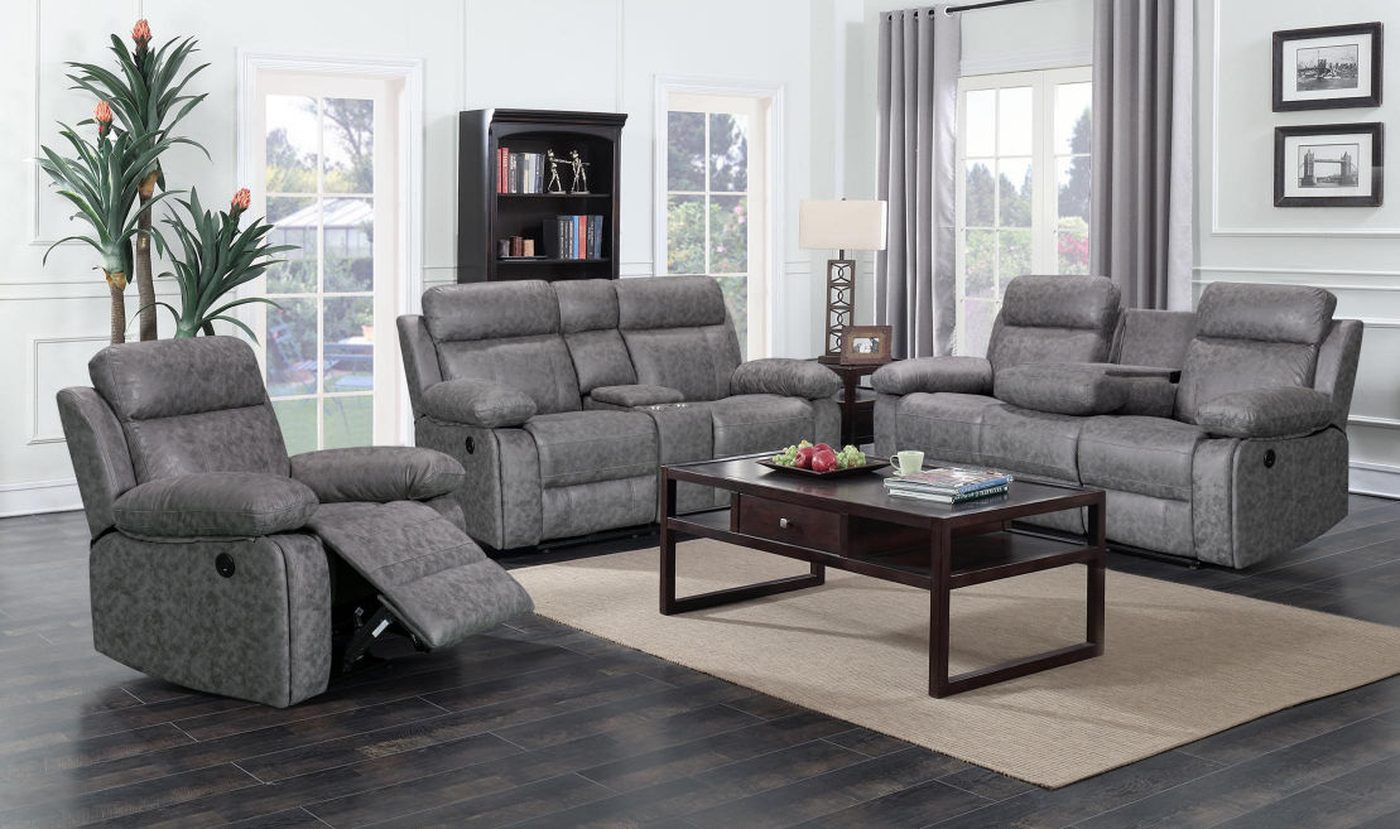 8307 recliner sofa set in a straight 1+2+3 layout, grey tech cloth, living room setting