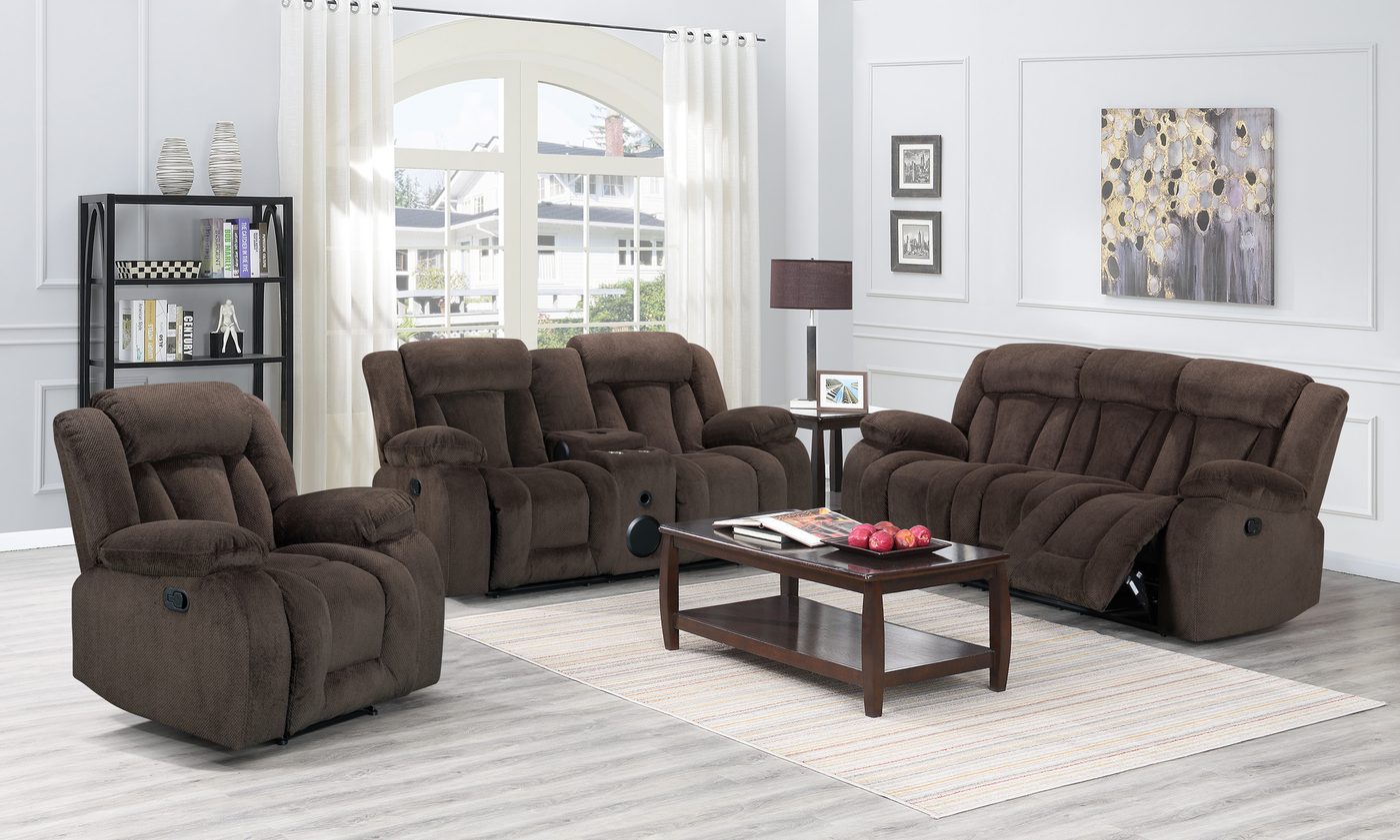 Small brown recliner sofa set in a bright apartment living room