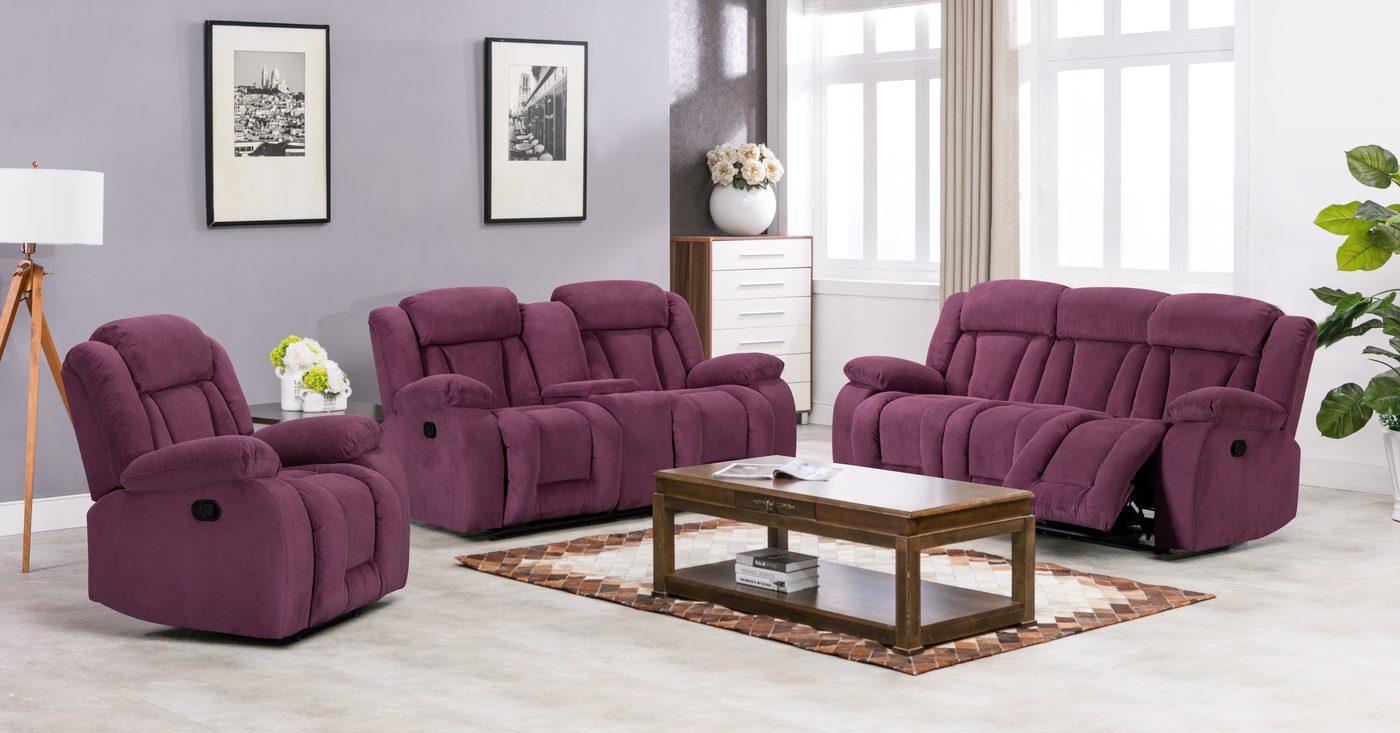 Compact burgundy recliner sofa set in a small living room