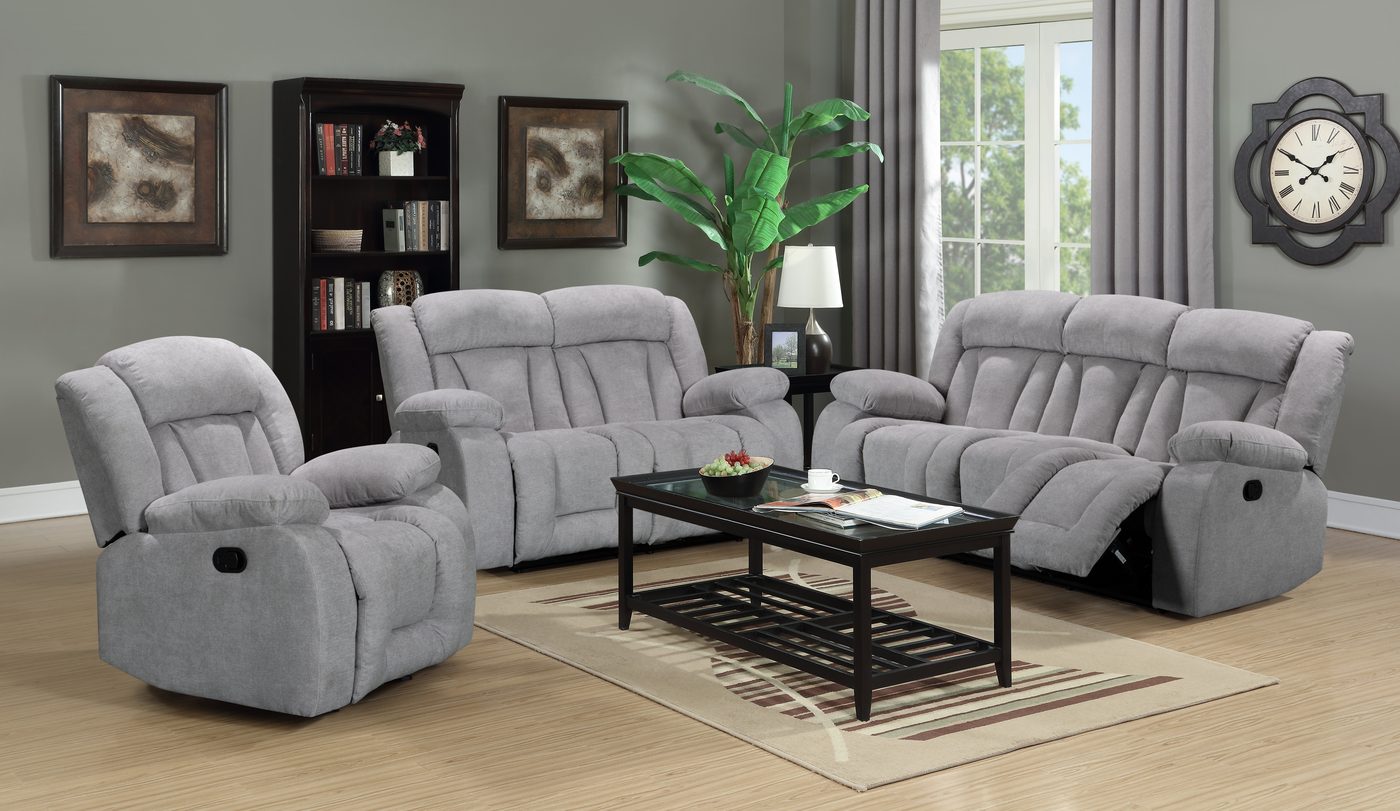 Light grey recliner sofa set with a single recliner chair in an apartment living room