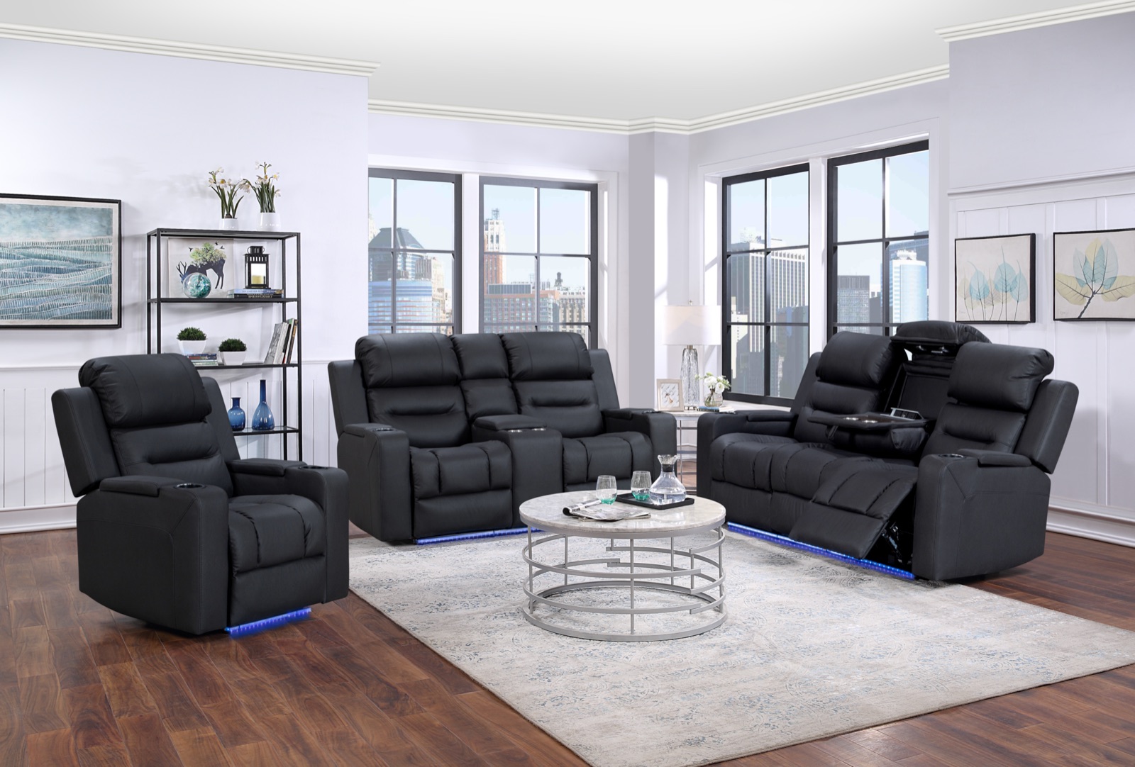 8363 manual recliner sofa set in black leather, 1+2+3 layout with LED underlight and center console