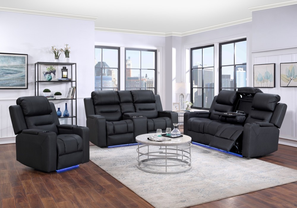 8363 Manual Recliner Sofa Set 1+2+3 with Center Console, Cup Holders and LED Underlight