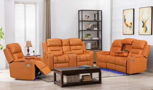 8363 Manual Recliner Sofa Set 1+2+3 with Center Console, Cup Holders and LED Underlight