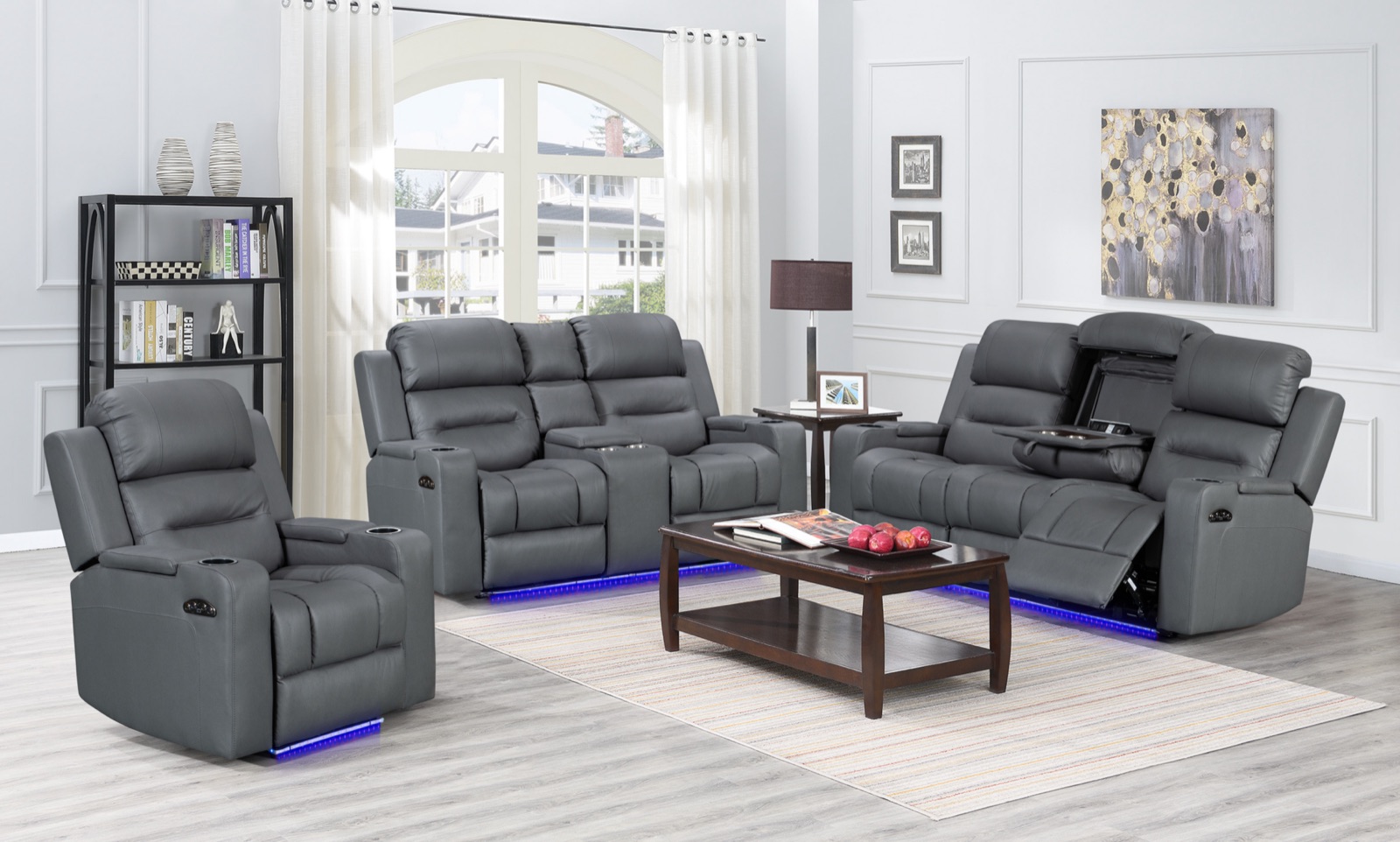 8363 recliner sofa set in grey, 1+2+3 layout, living room with LED underlight