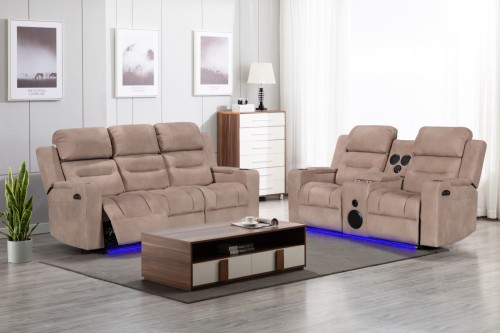 8363 Manual Recliner Sofa Set 1+2+3 with Center Console, Cup Holders and LED Underlight