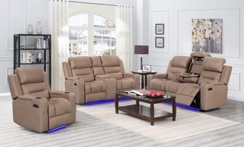 8363 Manual Recliner Sofa Set 1+2+3 with Center Console, Cup Holders and LED Underlight