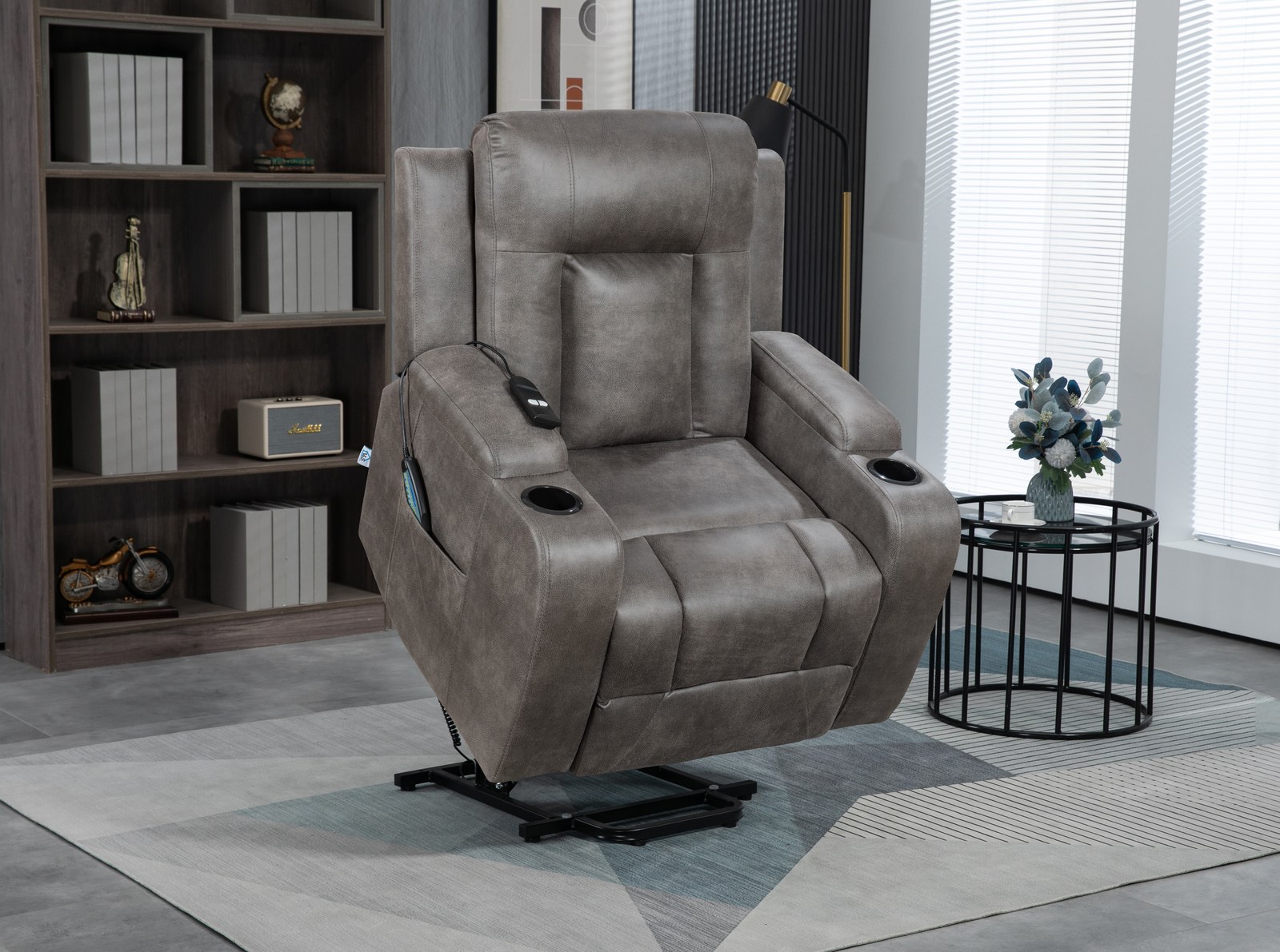 PandaSofa grey power recliner shown fully reclined in a living room setting