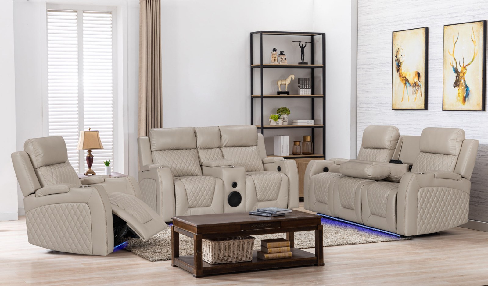 PandaSofa recliner set arranged as a console row with cup holders in a furnished room