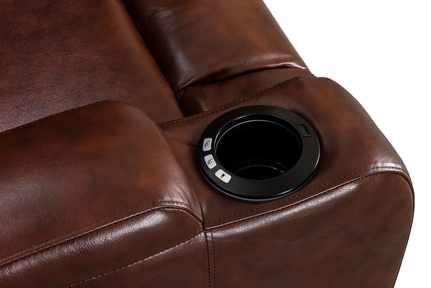 Console armrest of a PandaSofa theatre recliner showing the cup holder and control buttons
