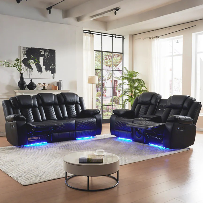 Black Leather Recliner Sofa Set With Lighting For Living Room