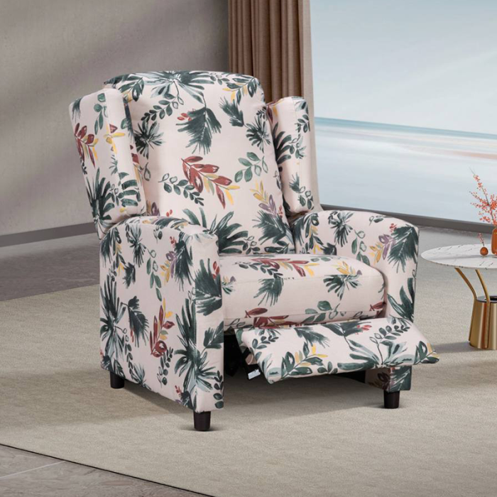 A push back reclining  in a soft, comfortable floral fabric.