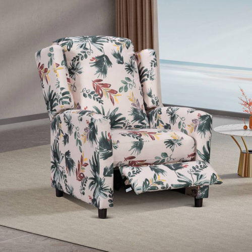 A push back reclining chair  in a soft, comfortable floral fabric.