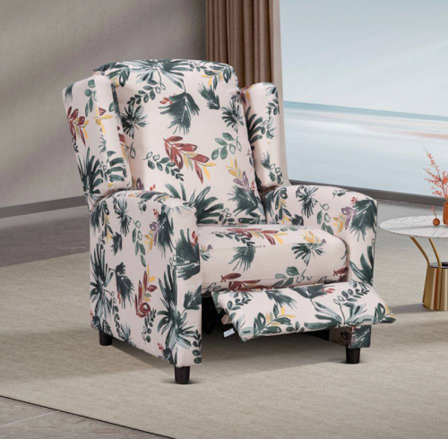 A push back reclining  in a soft, comfortable floral fabric.