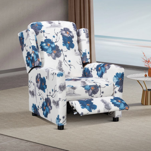 A push back reclining chair  in a soft, comfortable floral fabric.