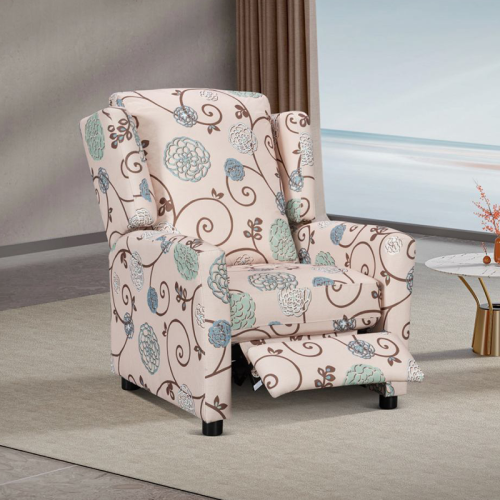 A push back reclining chair  in a soft, comfortable floral fabric.