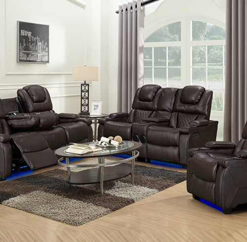 Aged Genuine Leather Power Reclining Sofas with Bluetooth Speaker and Cup Holder