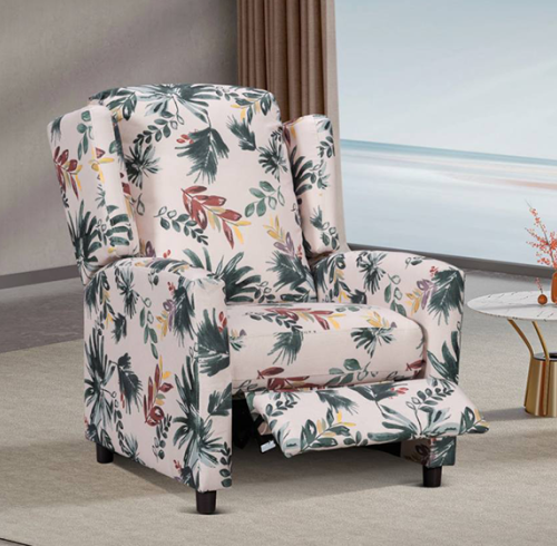 A push back reclining chair  in a soft, comfortable floral fabric.