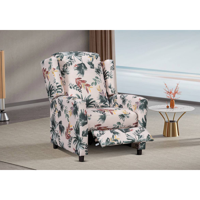 A push back reclining chair  in a soft, comfortable floral fabric.