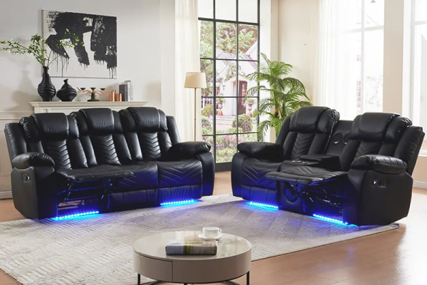 Black Leather Recliner Sofa Set With Lighting  For Living Room
