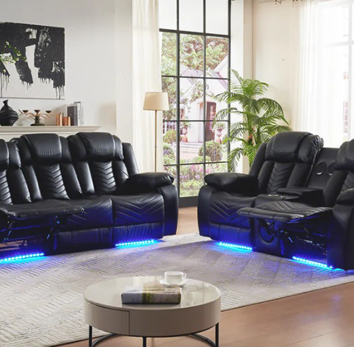 Black Leather Recliner Sofa Set With Lighting  For Living Room