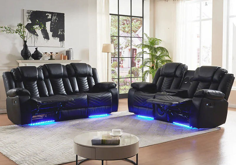 Black Leather Recliner Sofa Set With Lighting  For Living Room