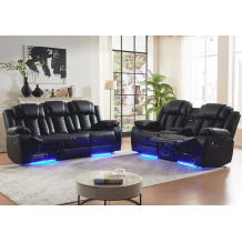 Black Leather Recliner Sofa Set With Lighting  For Living Room