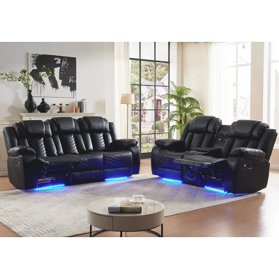 Black Leather Recliner Sofa Set With Lighting  For Living Room